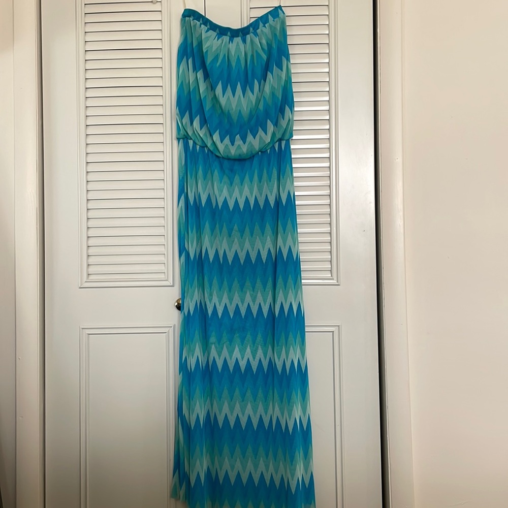 Strapless blue and teal maxi dress